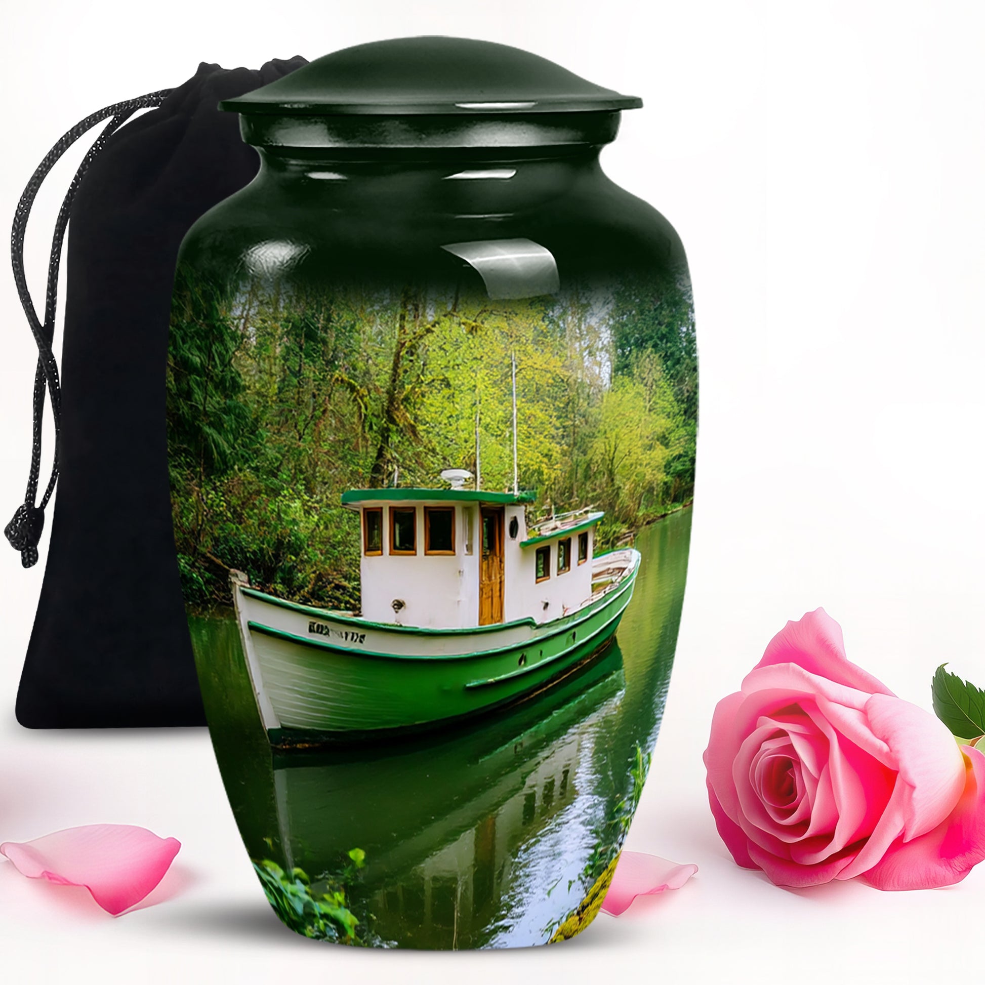 Forest Green Boat Cremation Urn angled view of lid and engraved motif - traditional boat engraving with hand-polished finish - full-size 10 inch 200 cubic inch adult cremation urn