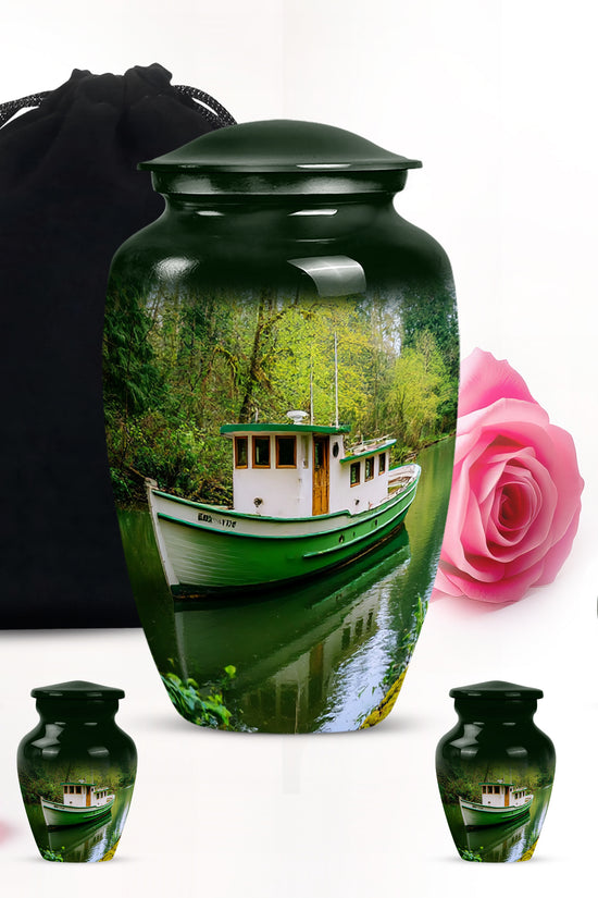 Olive Green Boat Cremation Urn top-down view of secure threaded lid - elegant classic boat relief with fine detailing - memorial set with one large and four small urns