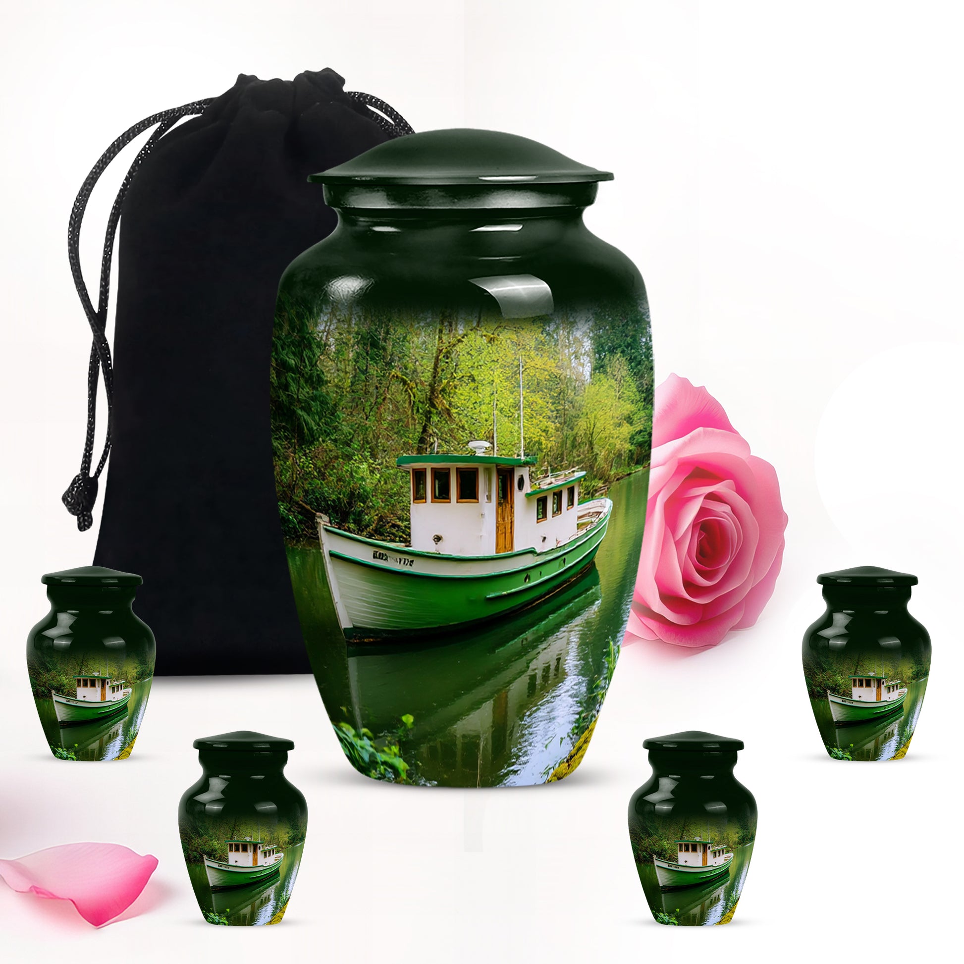 Olive Green Boat Cremation Urn top-down view of secure threaded lid - elegant classic boat relief with fine detailing - memorial set with one large and four small urns