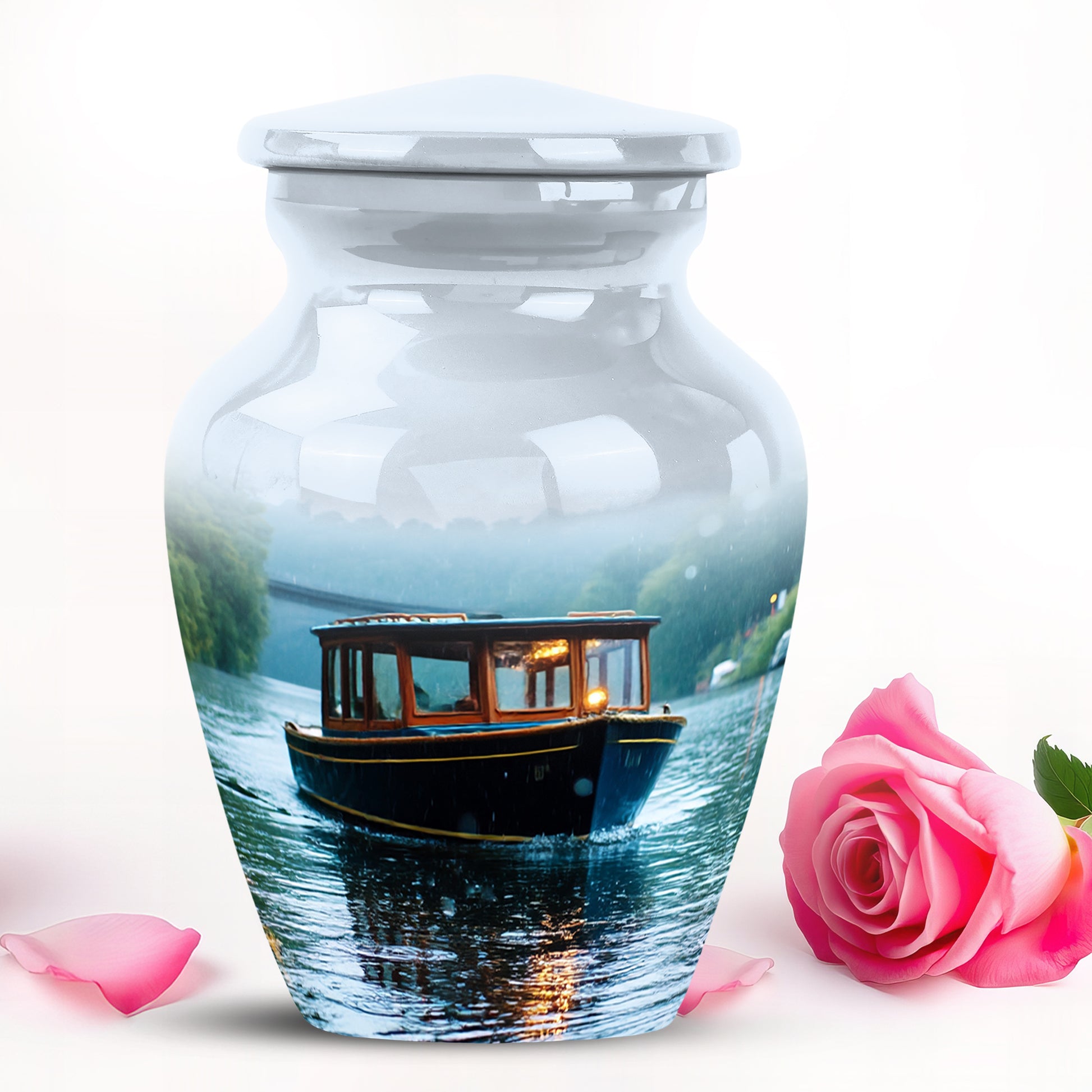 White Treasured Boat Cremation Urns for Human Ashes - 10-inch, 200 cu in - Karyliz