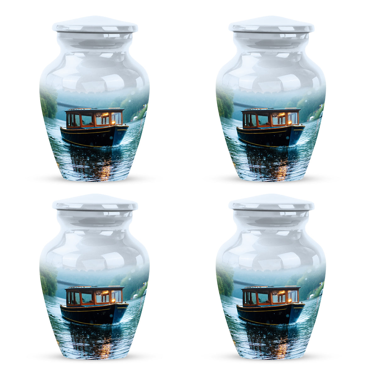 Ivory White Boat Cremation Urn side profile showing urn shape - timeless boat motif etched into premium metal - 10 inch aluminum urn for cremated remains