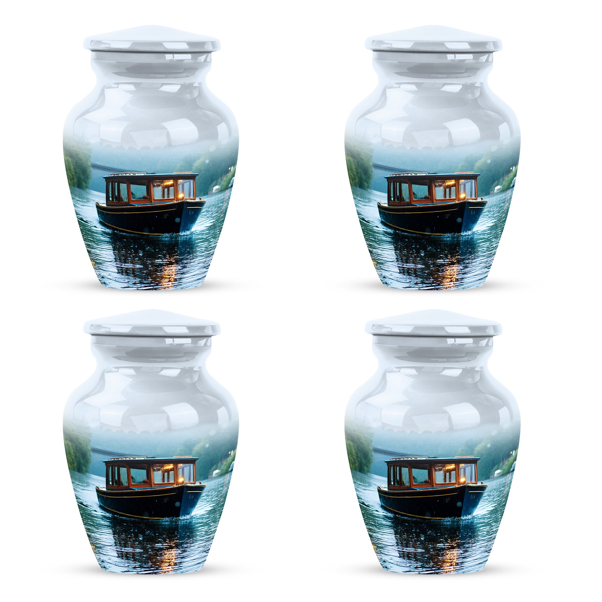 Ivory White Boat Cremation Urn side profile showing urn shape - timeless boat motif etched into premium metal - 10 inch aluminum urn for cremated remains