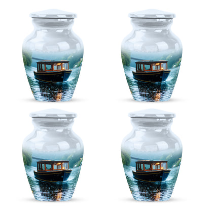 Ivory White Boat Cremation Urn side profile showing urn shape - timeless boat motif etched into premium metal - 10 inch aluminum urn for cremated remains