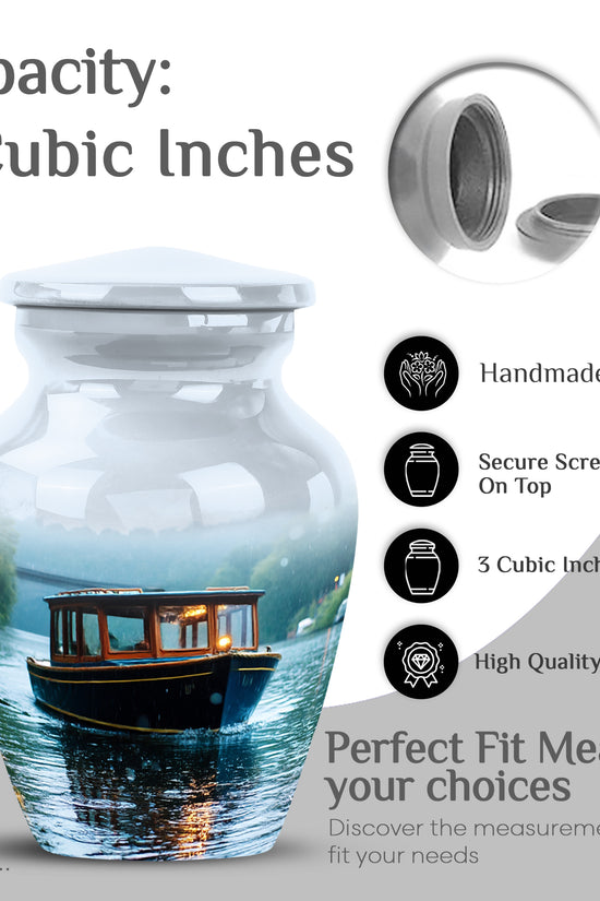Snow White Boat Cremation Urn close-up of engraving and surface detail - timeless boat motif etched into premium metal - mini keepsake memorial for portion of cremation ashes