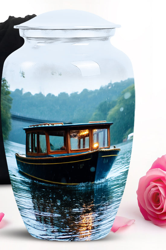 Cream White Boat Cremation Urn angled view of lid and engraved motif - elegant classic boat relief with fine detailing - full-size 10 inch 200 cubic inch adult cremation urn
