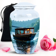 Cream White Boat Cremation Urn angled view of lid and engraved motif - elegant classic boat relief with fine detailing - full-size 10 inch 200 cubic inch adult cremation urn