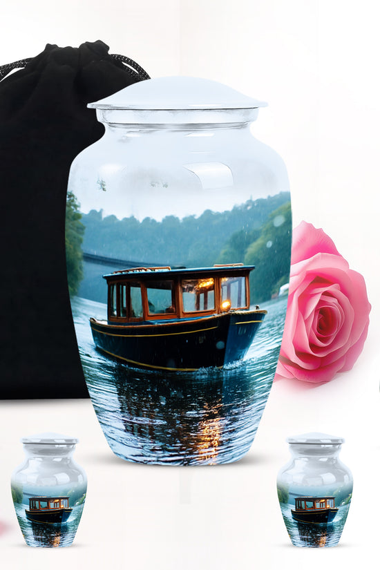 Porcelain White Boat Cremation Urn top-down view of secure threaded lid - traditional boat engraving with hand-polished finish - memorial set with one large and four small urns