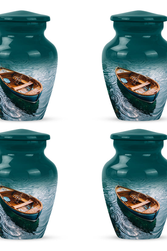Tropical Teal Boat Cremation Urn side profile showing urn shape - elegant classic boat relief with fine detailing - 10 inch aluminum urn for cremated remains