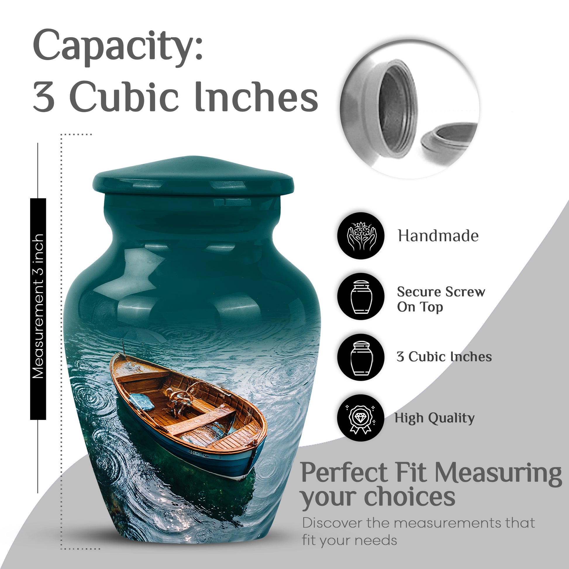 Jewel Teal Boat Cremation Urn close-up of engraving and surface detail - timeless boat motif etched into premium metal - mini keepsake memorial for portion of cremation ashes