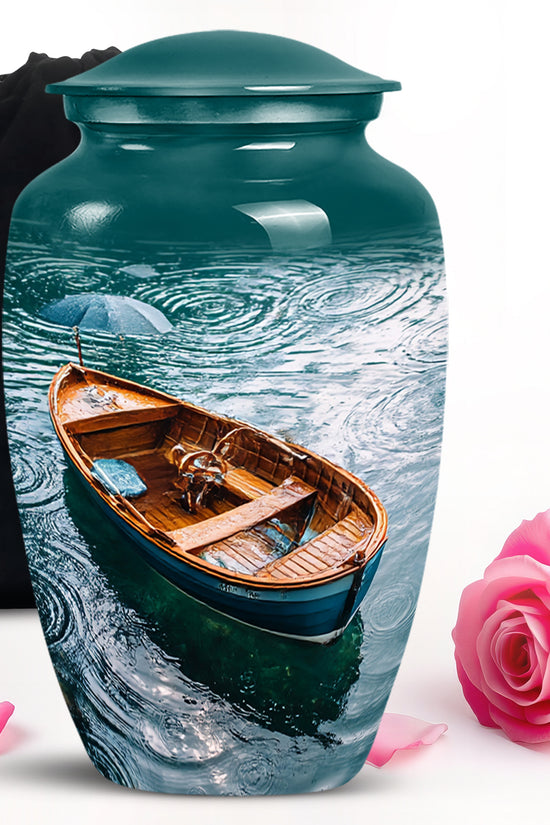 Deep Teal Boat Cremation Urn angled view of lid and engraved motif - elegant classic boat relief with fine detailing - full-size 10 inch 200 cubic inch adult cremation urn