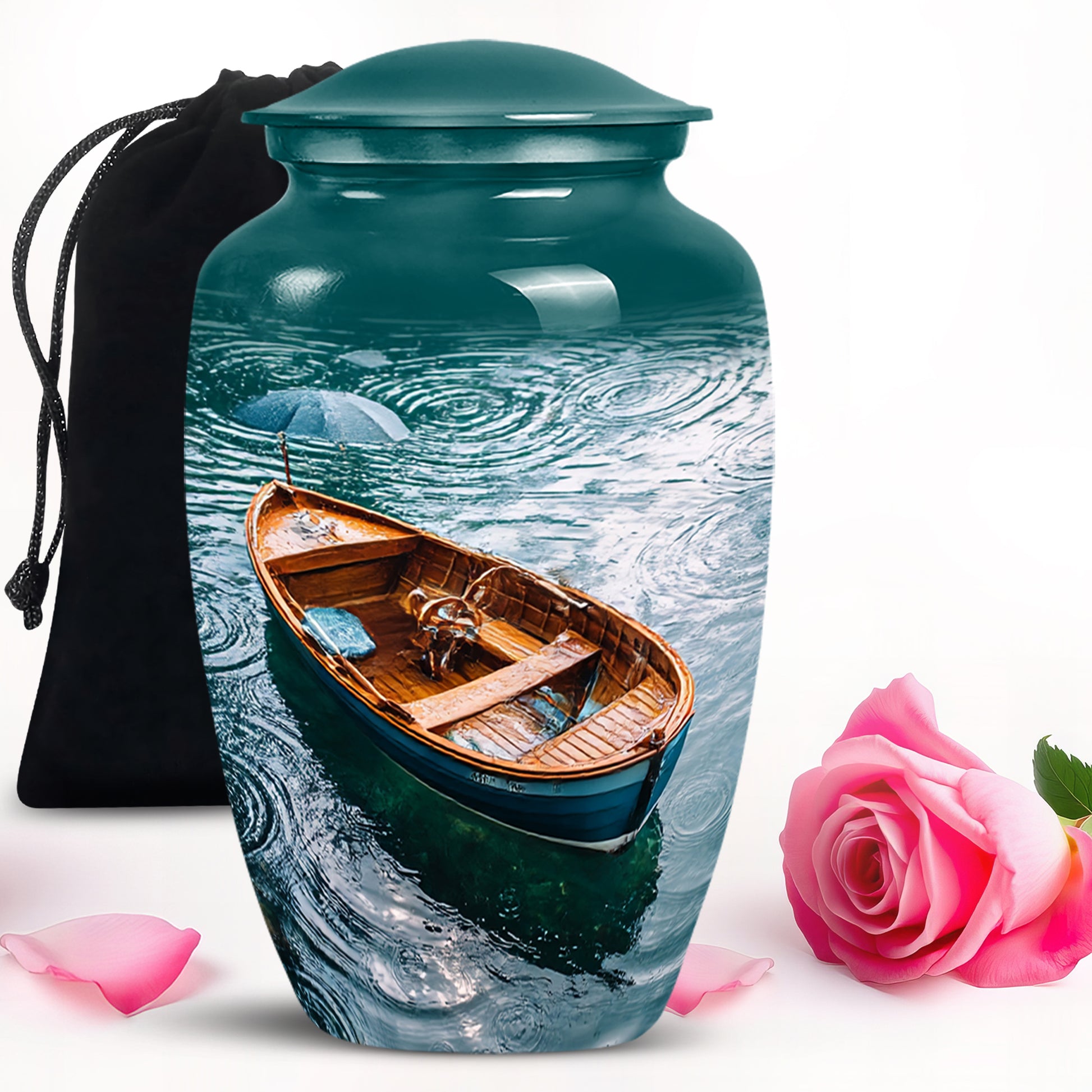 Deep Teal Boat Cremation Urn angled view of lid and engraved motif - elegant classic boat relief with fine detailing - full-size 10 inch 200 cubic inch adult cremation urn