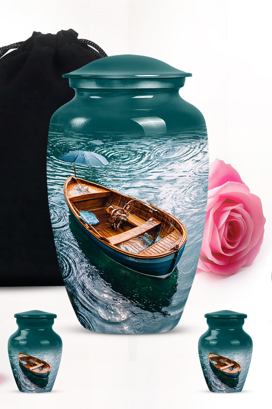 Vivid Teal Boat Cremation Urn top-down view of secure threaded lid - traditional boat engraving with hand-polished finish - memorial set with one large and four small urns