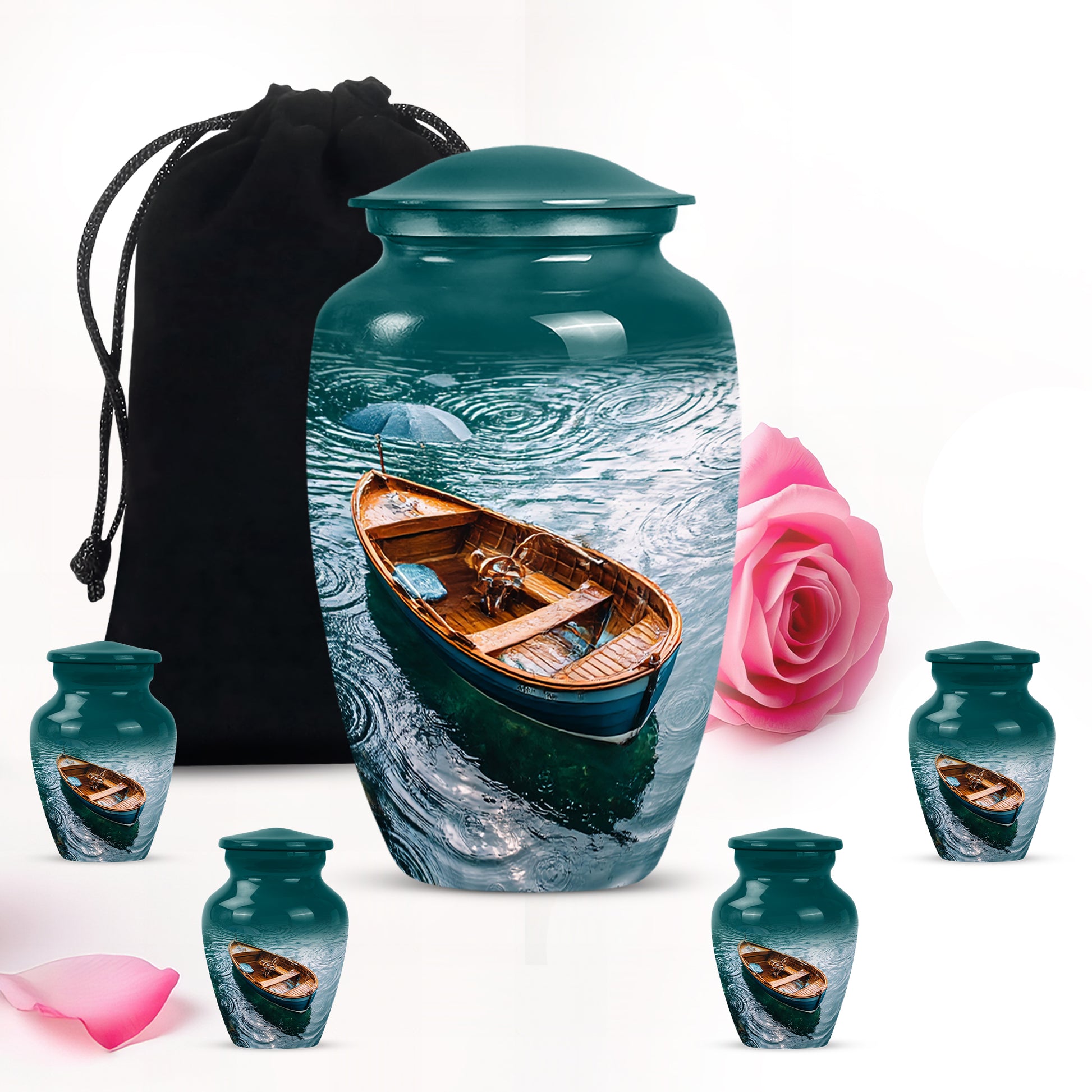 Vivid Teal Boat Cremation Urn top-down view of secure threaded lid - traditional boat engraving with hand-polished finish - memorial set with one large and four small urns