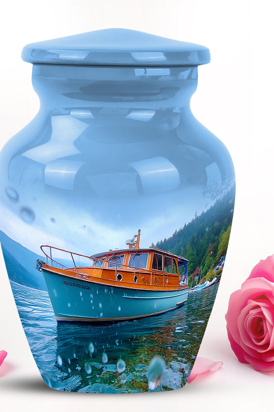 Lustrous Boat Cremation Urns for Human Ashes - Blue 10-inch - Karyliz