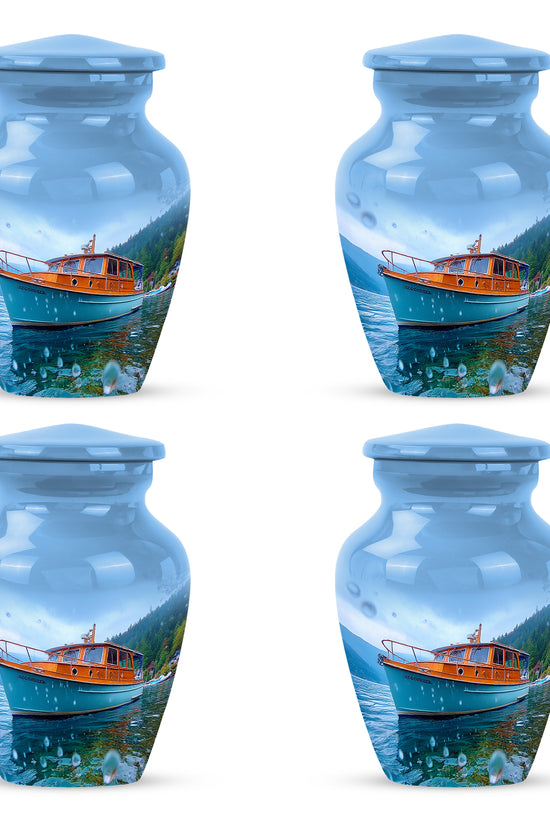 Dusty Blue Boat Cremation Urn side profile showing urn shape - classic sculpted boat pattern on smooth aluminum - 10 inch aluminum urn for cremated remains