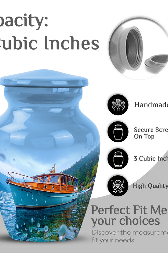 Navy Blue Boat Cremation Urn close-up of engraving and surface detail - timeless boat motif etched into premium metal - mini keepsake memorial for portion of cremation ashes