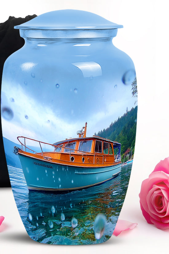 Dusty Blue Boat Cremation Urn angled view of lid and engraved motif - timeless boat motif etched into premium metal - full-size 10 inch 200 cubic inch adult cremation urn