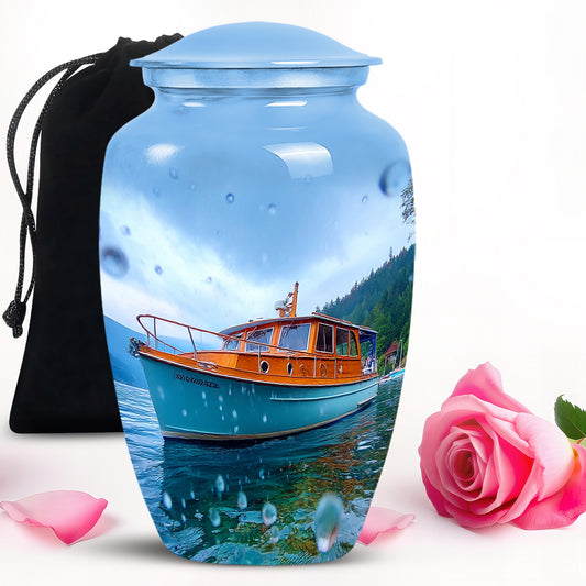 Dusty Blue Boat Cremation Urn angled view of lid and engraved motif - timeless boat motif etched into premium metal - full-size 10 inch 200 cubic inch adult cremation urn