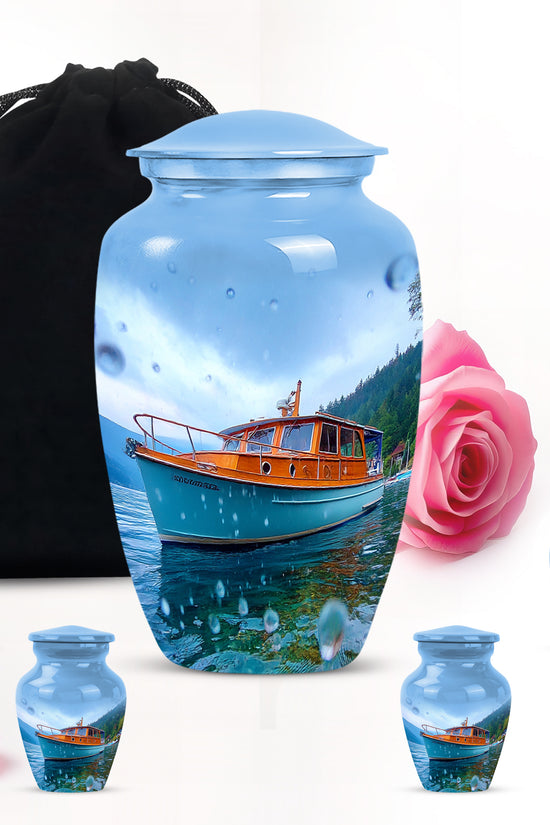 Vivid Blue Boat Cremation Urn top-down view of secure threaded lid - traditional boat engraving with hand-polished finish - memorial set with one large and four small urns