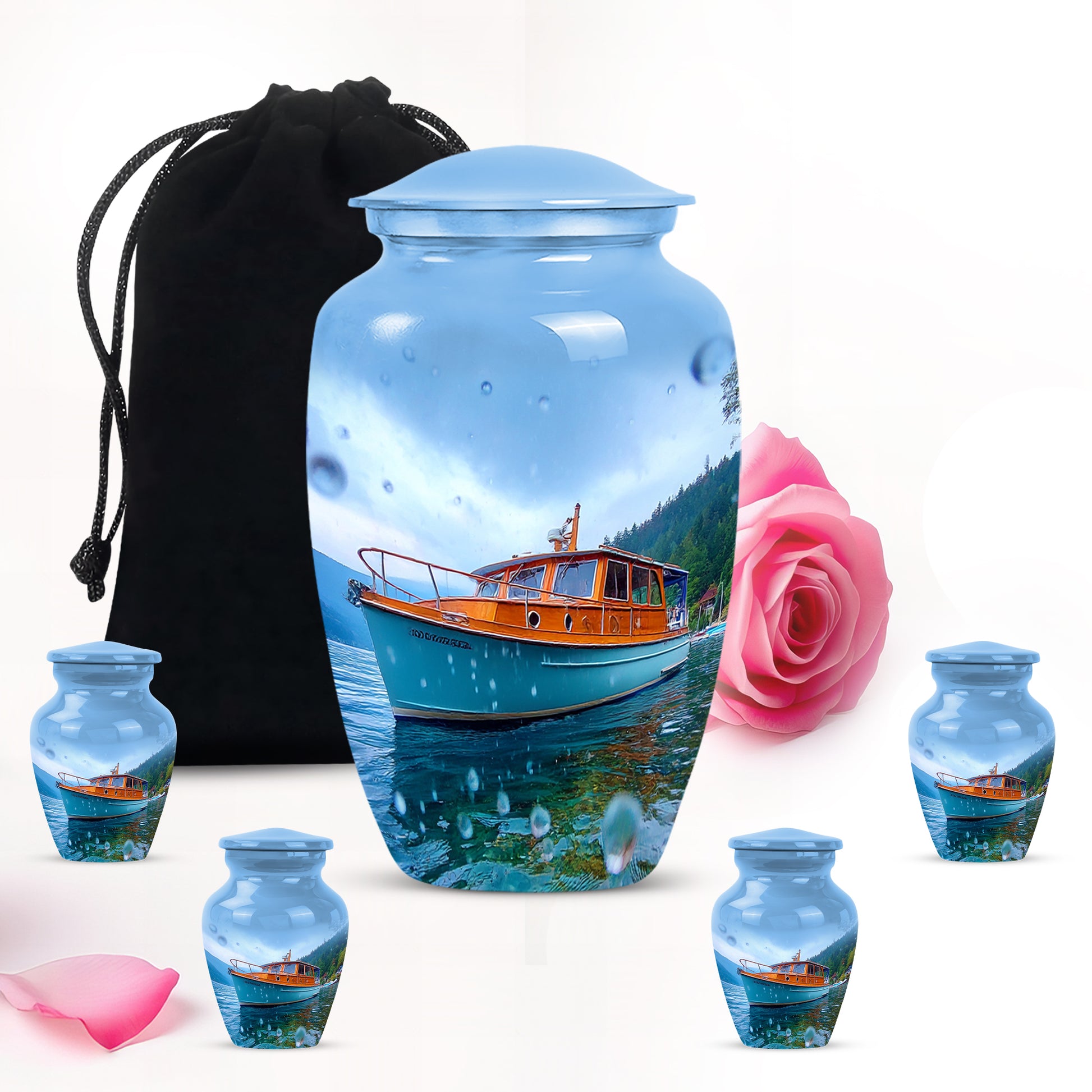 Vivid Blue Boat Cremation Urn top-down view of secure threaded lid - traditional boat engraving with hand-polished finish - memorial set with one large and four small urns