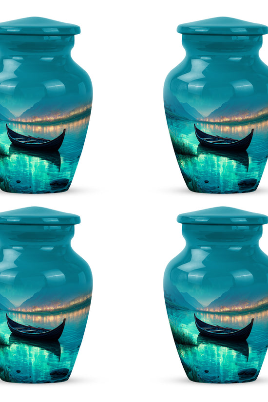 Jewel Teal Boat Cremation Urn side profile showing urn shape - classic sculpted boat pattern on smooth aluminum - 10 inch aluminum urn for cremated remains