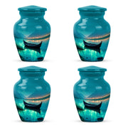 Jewel Teal Boat Cremation Urn side profile showing urn shape - classic sculpted boat pattern on smooth aluminum - 10 inch aluminum urn for cremated remains