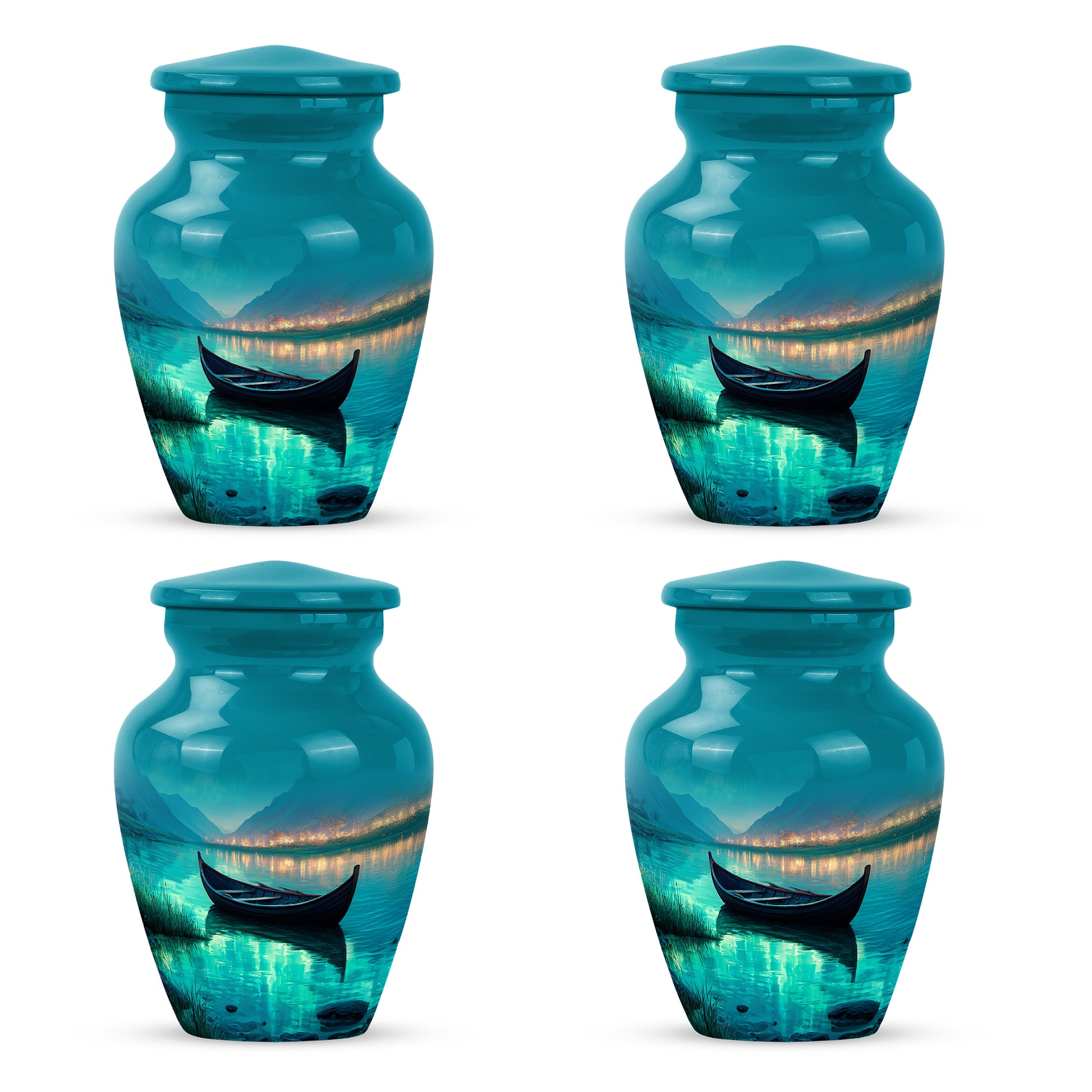 Jewel Teal Boat Cremation Urn side profile showing urn shape - classic sculpted boat pattern on smooth aluminum - 10 inch aluminum urn for cremated remains