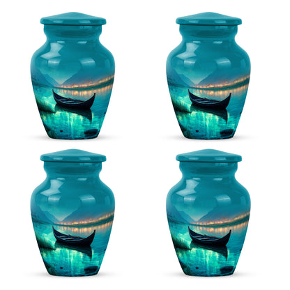 Jewel Teal Boat Cremation Urn side profile showing urn shape - classic sculpted boat pattern on smooth aluminum - 10 inch aluminum urn for cremated remains