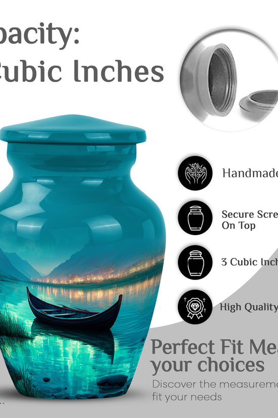 Jewel Teal Boat Cremation Urn close-up of engraving and surface detail - classic sculpted boat pattern on smooth aluminum - mini keepsake memorial for portion of cremation ashes