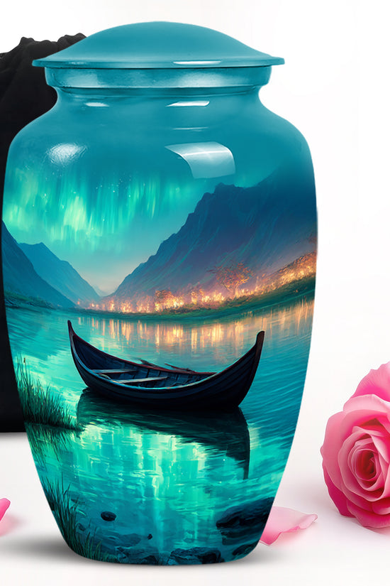 Cool Teal Boat Cremation Urn angled view of lid and engraved motif - timeless boat motif etched into premium metal - full-size 10 inch 200 cubic inch adult cremation urn