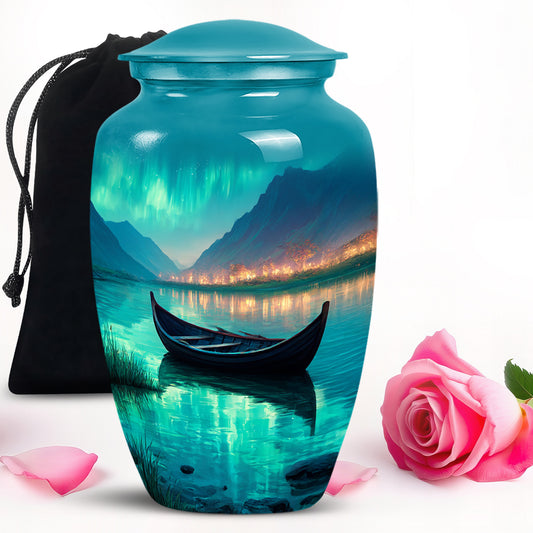 Cool Teal Boat Cremation Urn angled view of lid and engraved motif - timeless boat motif etched into premium metal - full-size 10 inch 200 cubic inch adult cremation urn