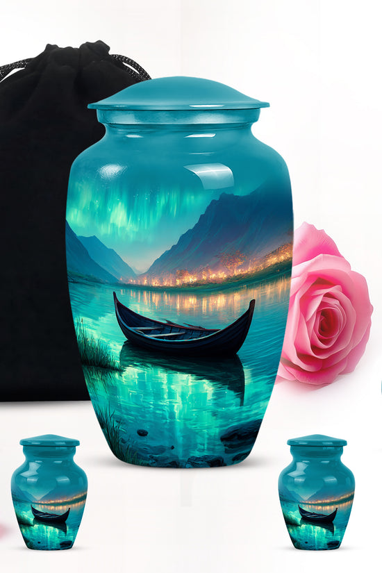 Mystic Teal Boat Cremation Urn top-down view of secure threaded lid - elegant classic boat relief with fine detailing - memorial set with one large and four small urns