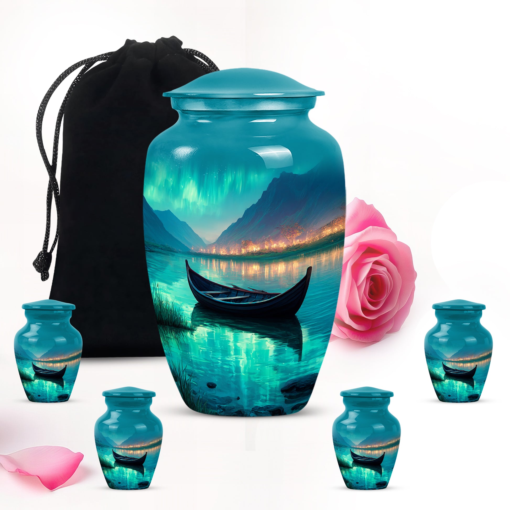 Mystic Teal Boat Cremation Urn top-down view of secure threaded lid - elegant classic boat relief with fine detailing - memorial set with one large and four small urns