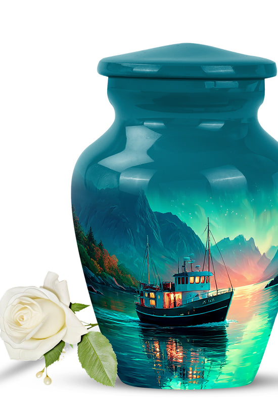 Luminous Teal Boat Honor Urn for Human Ashes - 10-inch, 200 cu in - Karyliz