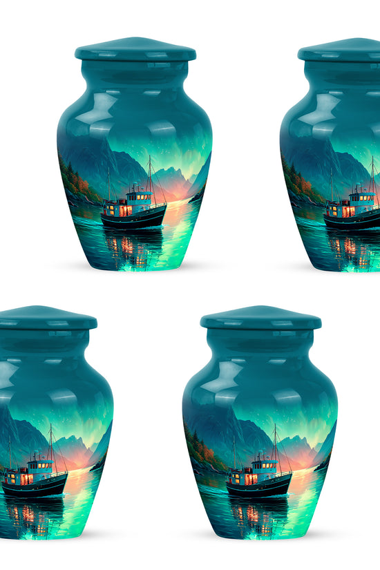 Aqua Teal Boat Cremation Urn side profile showing urn shape - elegant classic boat relief with fine detailing - 10 inch aluminum urn for cremated remains