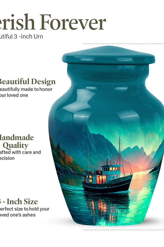 Ocean Teal Boat Cremation Urn close-up of engraving and surface detail - classic sculpted boat pattern on smooth aluminum - mini keepsake memorial for portion of cremation ashes