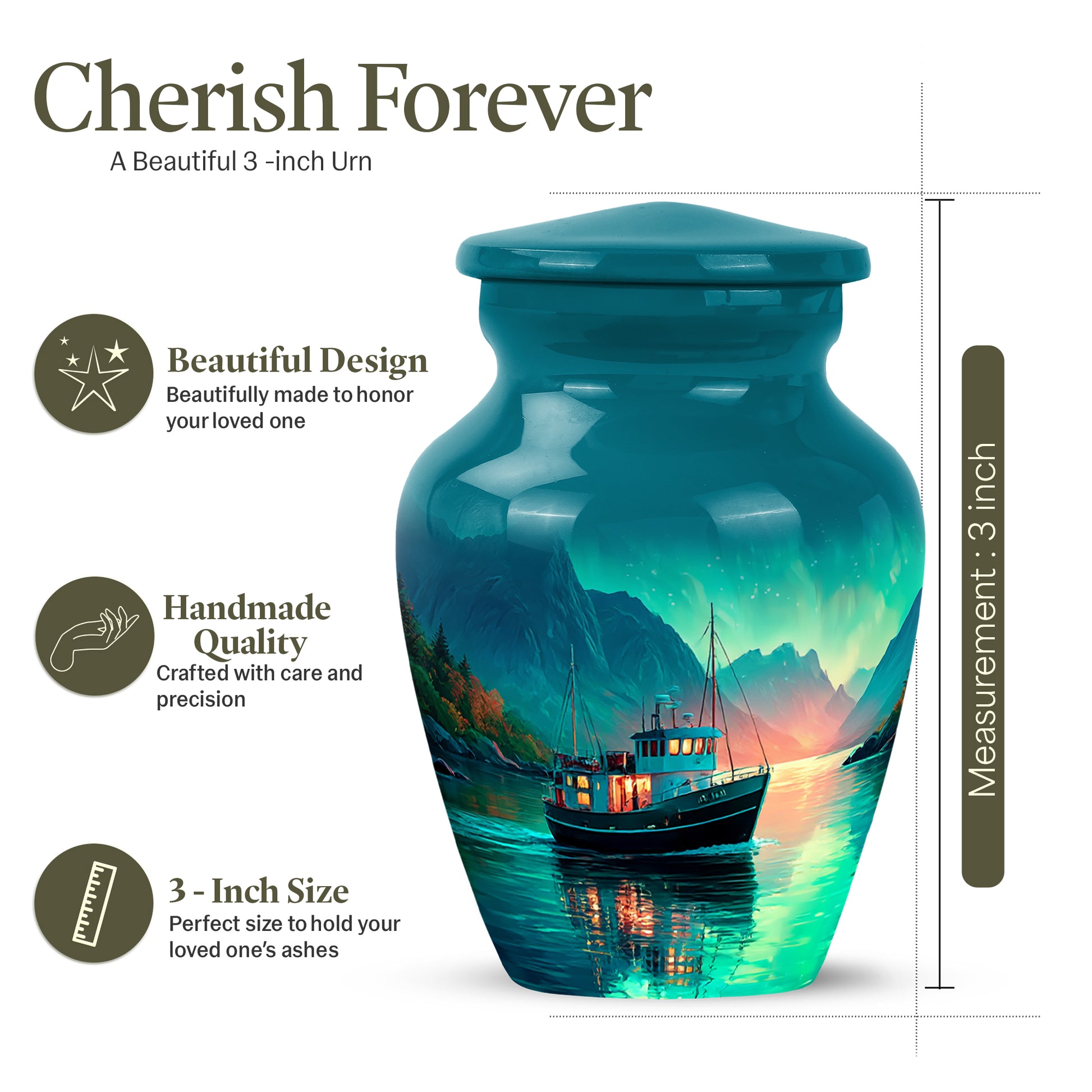 Ocean Teal Boat Cremation Urn close-up of engraving and surface detail - classic sculpted boat pattern on smooth aluminum - mini keepsake memorial for portion of cremation ashes