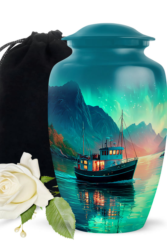 Sea Green Teal Boat Cremation Urn angled view of lid and engraved motif - timeless boat motif etched into premium metal - full-size 10 inch 200 cubic inch adult cremation urn