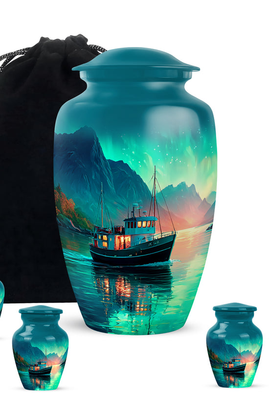 Tropical Teal Boat Cremation Urn top-down view of secure threaded lid - elegant classic boat relief with fine detailing - memorial set with one large and four small urns