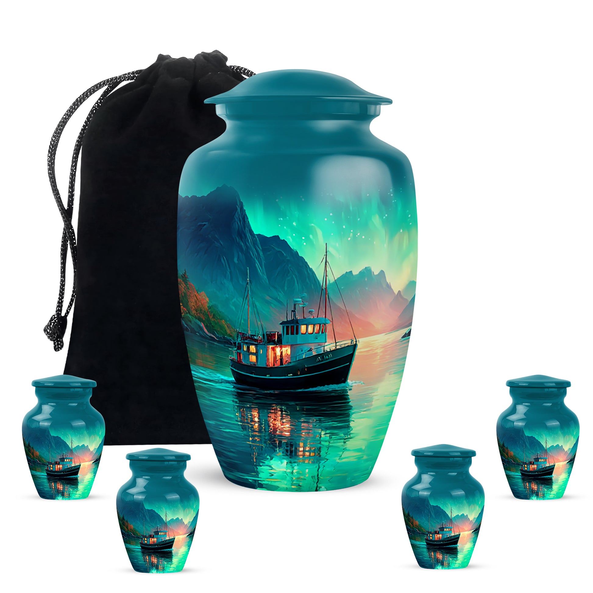Tropical Teal Boat Cremation Urn top-down view of secure threaded lid - elegant classic boat relief with fine detailing - memorial set with one large and four small urns