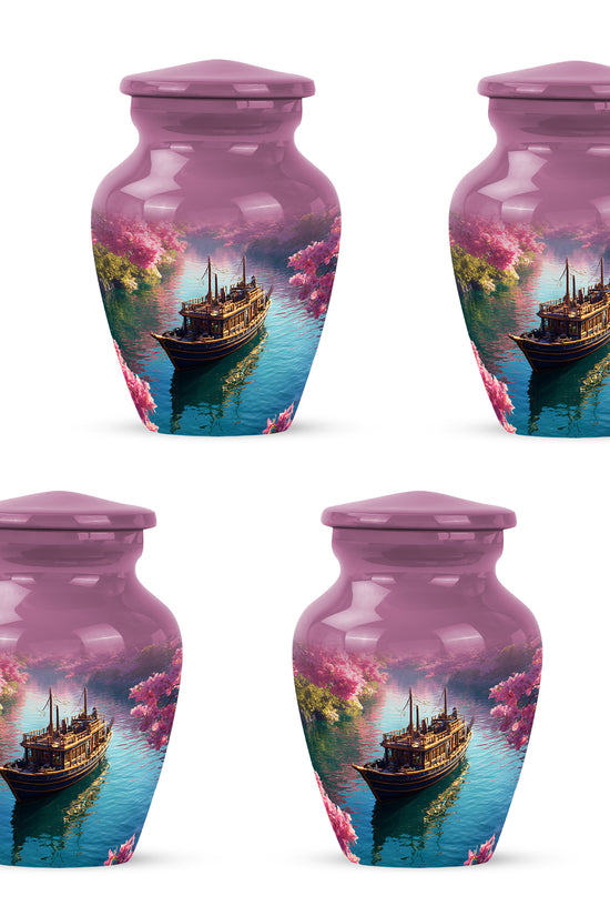Pastel Pink Boat Cremation Urn side profile showing urn shape - classic sculpted boat pattern on smooth aluminum - 10 inch aluminum urn for cremated remains