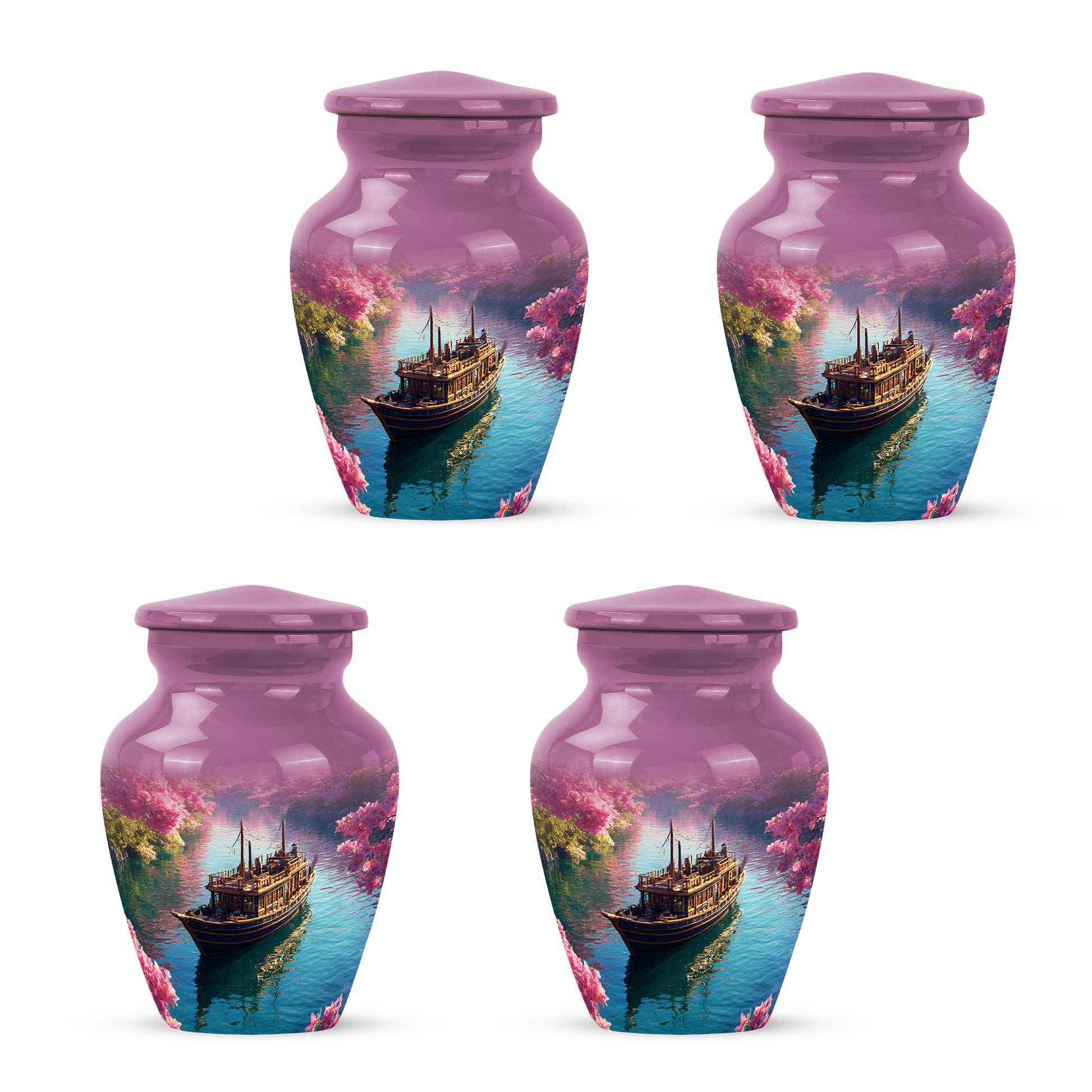 Pastel Pink Boat Cremation Urn side profile showing urn shape - classic sculpted boat pattern on smooth aluminum - 10 inch aluminum urn for cremated remains