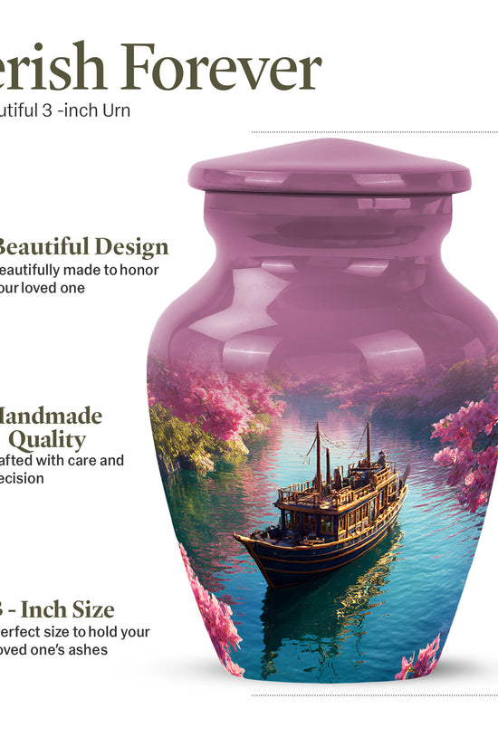 Soft Pink Boat Cremation Urn close-up of engraving and surface detail - elegant classic boat relief with fine detailing - mini keepsake memorial for portion of cremation ashes
