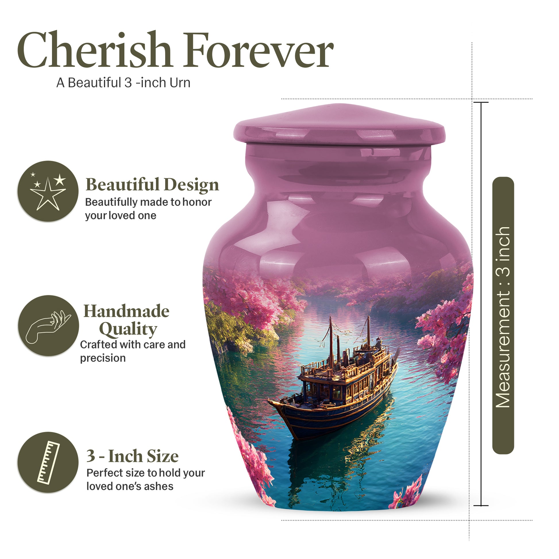 Soft Pink Boat Cremation Urn close-up of engraving and surface detail - elegant classic boat relief with fine detailing - mini keepsake memorial for portion of cremation ashes