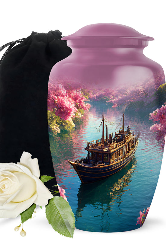 Petal Pink Boat Cremation Urn angled view of lid and engraved motif - traditional boat engraving with hand-polished finish - full-size 10 inch 200 cubic inch adult cremation urn