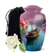 Petal Pink Boat Cremation Urn angled view of lid and engraved motif - traditional boat engraving with hand-polished finish - full-size 10 inch 200 cubic inch adult cremation urn