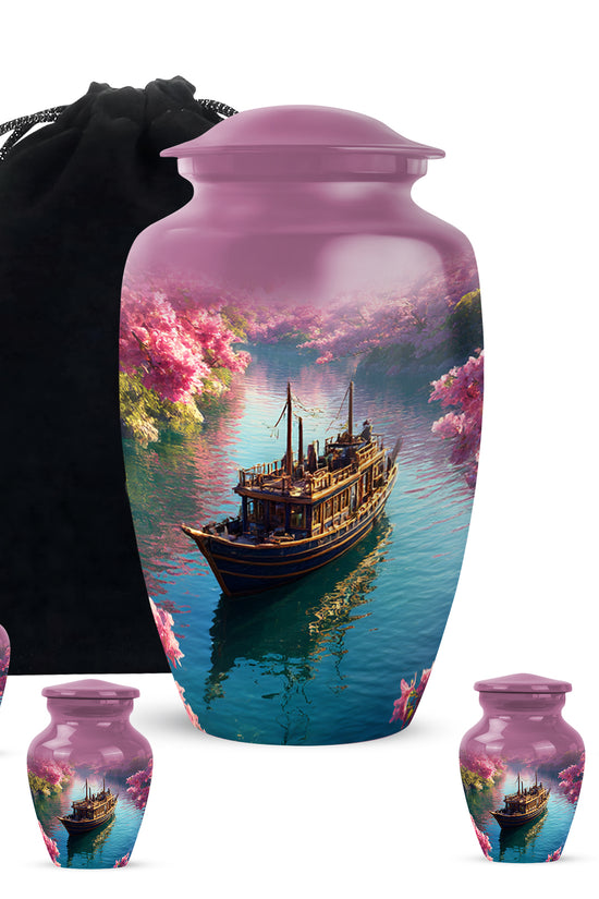 Petal Pink Boat Cremation Urn top-down view of secure threaded lid - traditional boat engraving with hand-polished finish - memorial set with one large and four small urns
