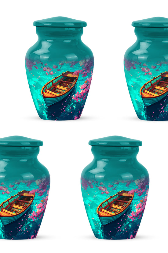 Aqua Teal Boat Cremation Urn side profile showing urn shape - elegant classic boat relief with fine detailing - 10 inch aluminum urn for cremated remains