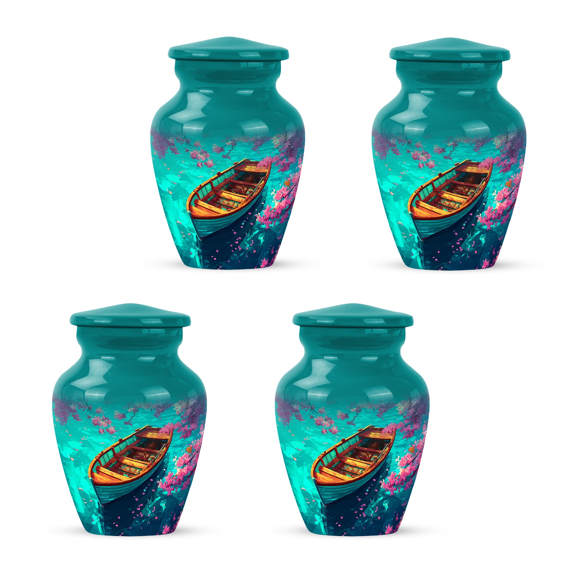 Aqua Teal Boat Cremation Urn side profile showing urn shape - elegant classic boat relief with fine detailing - 10 inch aluminum urn for cremated remains