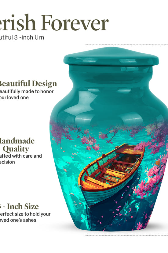 Deep Teal Boat Cremation Urn close-up of engraving and surface detail - elegant classic boat relief with fine detailing - mini keepsake memorial for portion of cremation ashes